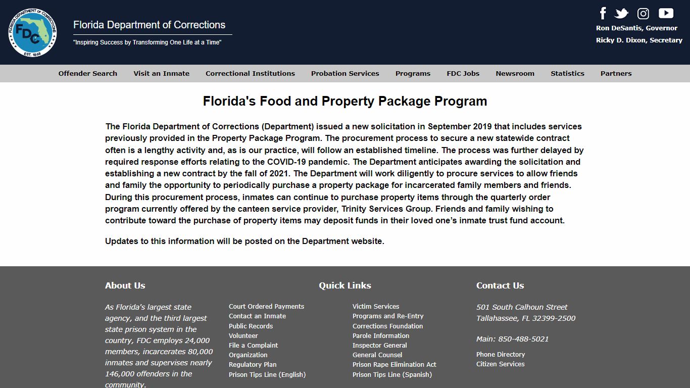 Food and Property Package Program - Florida Department of Corrections